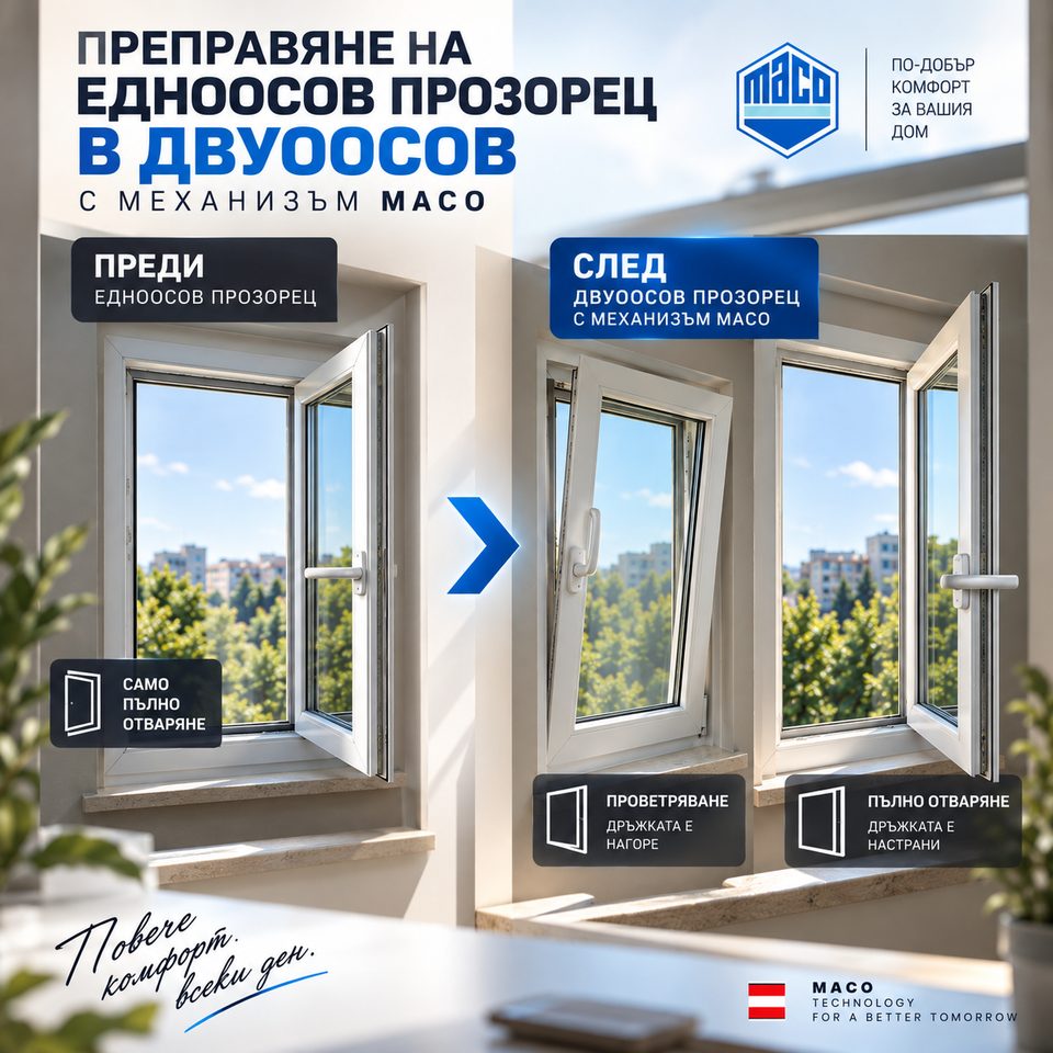 Едноосов PVC прозорец преди и след преправяне на двуосов с MACO механизъм